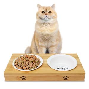 Premium Bamboo Raised Pet Feeder - 15 Degree Elevated Cat & Small Dog Bowls with 2 Ceramic Dishes, Non-Slip Base & 8 Silicone Pads, Eco-Friendly Ergonomic Food Stand for Kittens/Puppies