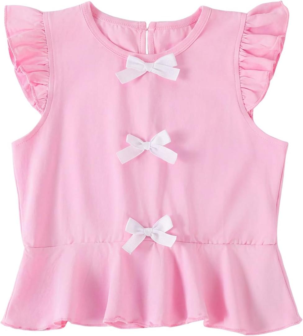 Girls Shirts Ruffle Sleeve Summer Crop Tops Cute Bow Casual Peplum Blouses Pink 7-8 Years (S)
