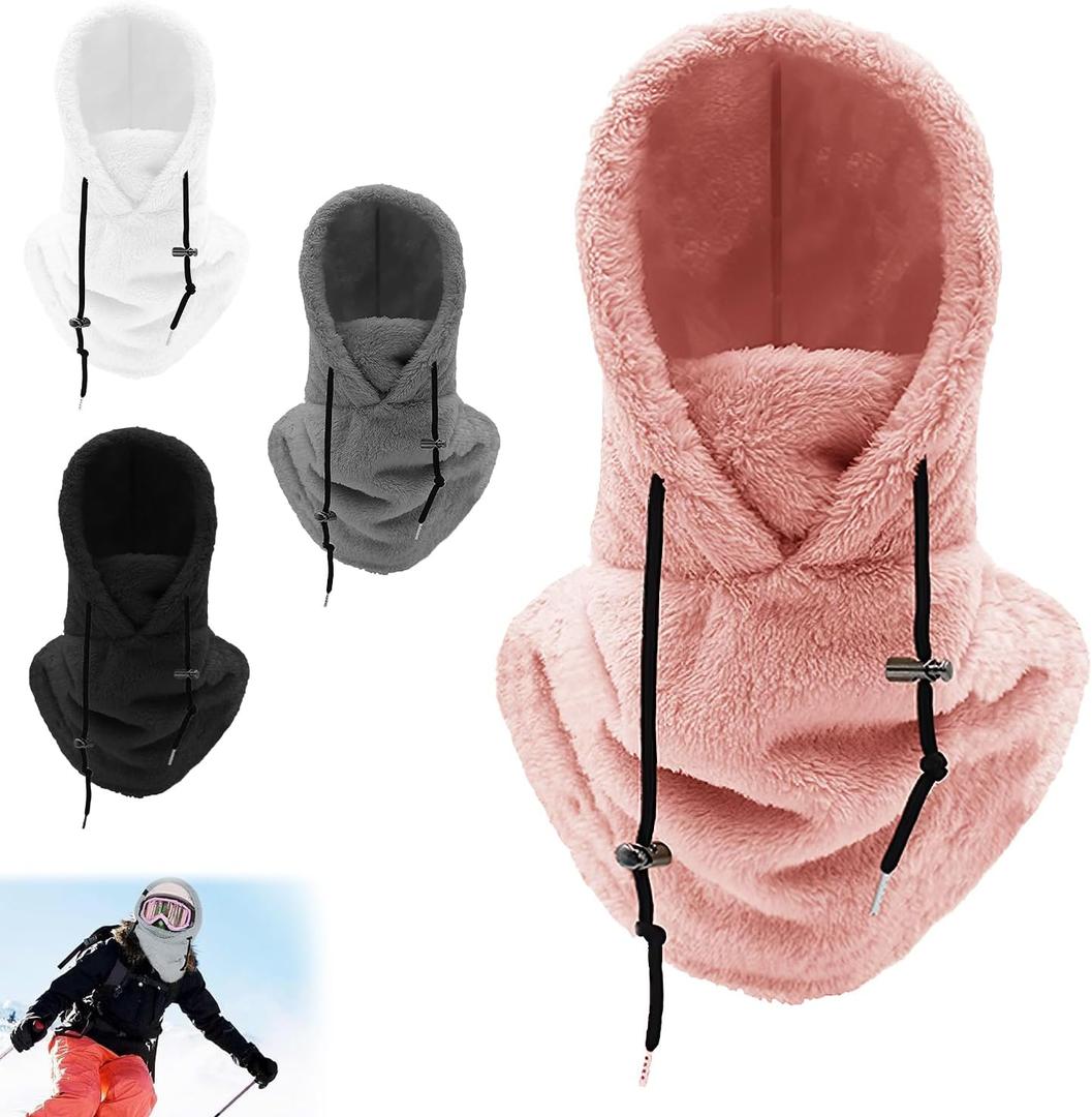Sherpa Hood Ski Mask,Sherpa Winter Fleece Hood Ski Mask for Women Men,Drawstring Face Cover Hat Coldproof Warm Cap Scarf,Neck Windproof Hooded Scarf,Fleece Warm Ski Mask for Riding Skiing(Pink)