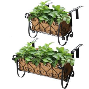 MorTime Iron Hanging Flower Rack Basket Shelf with Hooks, Railing Flower Pots Holder Black Metal Decorative Railing Shelf for Outdoor Garden Balcony Fence Patio