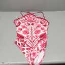 WDIRARA Women's Boho Floral Print Halter Bodysuit Frill Trim Sleeveless Leotard Top (Hot Pink) M 