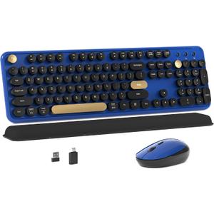 MPTOG Colorful Wireless Computer Keyboard and Mouse Combo with Round Typewriter Keycaps, Retro Design, Power Switch, Ergonomic Design, 2.4GHz Wireless for Windows, Mac, PC(Black-Blue)