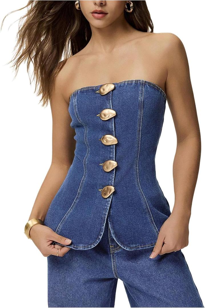 Milumia Women's Metal Button Front Denim Tube Top Elegant Sleeveless Bandeau Tops (Medium)