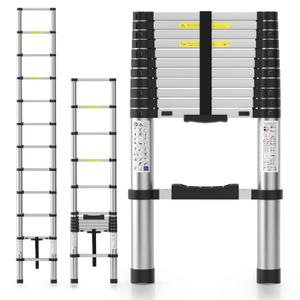 Telescoping Ladder, 10FT Aluminum Extension Ladder, One-Button Retraction Anti-Pinch, Heavy Duty 330LBS Capacity, for Home, Attic, Roof, RV