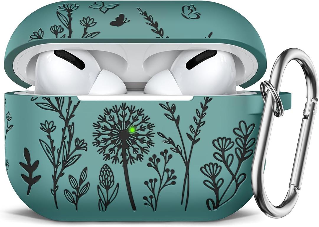 3 x Minyee Airpods Pro 2nd Generation Case, Cute Floral Engraved Soft Silicone Two-Tone Protective Cover Compatible with Apple Airpods Pro 2nd & 1st Generation Case with Keychain Women, Pine Green/Black