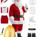 ZIW 11pcs Santa Claus Costume Suit for Men Women Adults Deluxe Christmas Outfit Xmas Velvet Coat with Bell Red