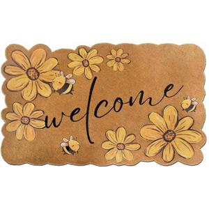 Spring Sunflower Coco Coir Welcome Doormat, 17"x30" Cute Floral Scalloped Rugs for Floor,Heavy Duty Non-Slip Backing Door Mat, Indoor Outdoor Decorative Entrance Mat for Front Door Porch Home Decor