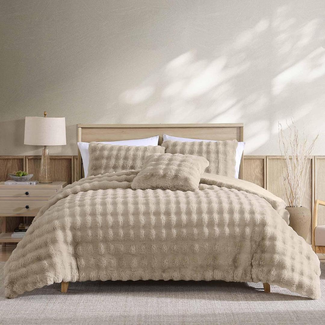Riverbrook Home Wavy Faux Fur Comforter Bedding Set, Full Queen Size, Textured Decorative Décor, Taupe, 4 Pieces