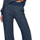 Fisoew Womens 2 Piece Outfits Striped Lounge Sets Knit V Neck Sweaters Casual Wide Leg Pants Loose Fall Clothes (Small)