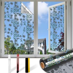 Upgraded Window Privacy Film One Way Daytime Privacy Static Cling Sun Blocking Anti UV Reflective Window Tint for Home and Office (Silver （Daisy）, 17.5 X 78.7 in)