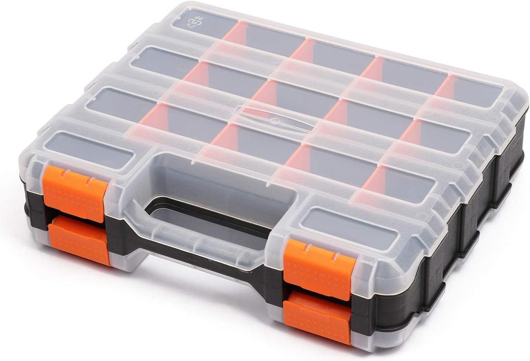 Mayouko Double Side Tools Organizer, Customizable Removable Plastic Dividers, Hardware Box Storage, Excellent for Screws,Nuts,Small Parts, 34-Compartment, Black/Orange,12.6"L x 10.6"W x 3.2"H