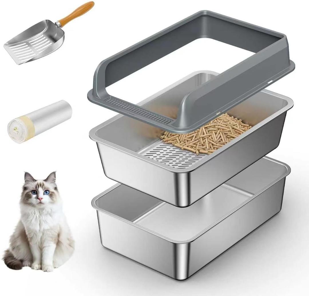 All Stainless Steel Sifting Litter Box with Lid,Metal Sifting Cat Litter Box for Pine Pellets,High Sides Sifter Litter Pan System for Kittens,Odor Control,Sifting Box Liners and Scoop