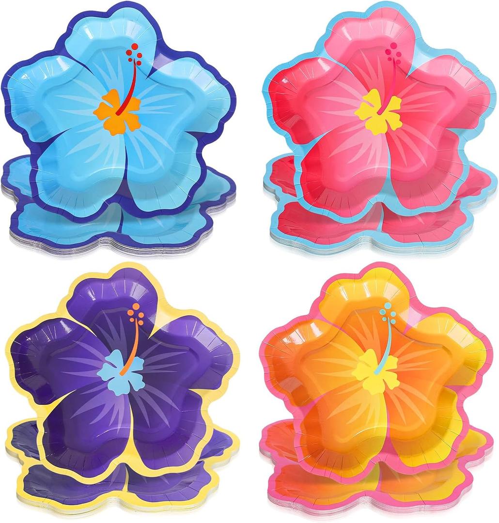 40 Pcs Hibiscus Floral Paper Plates Colored Hawaiian Flower Shape Disposable Plates 9 Inch Summer Party Tableware for Tropical Luau Holiday Table Decor Supplies