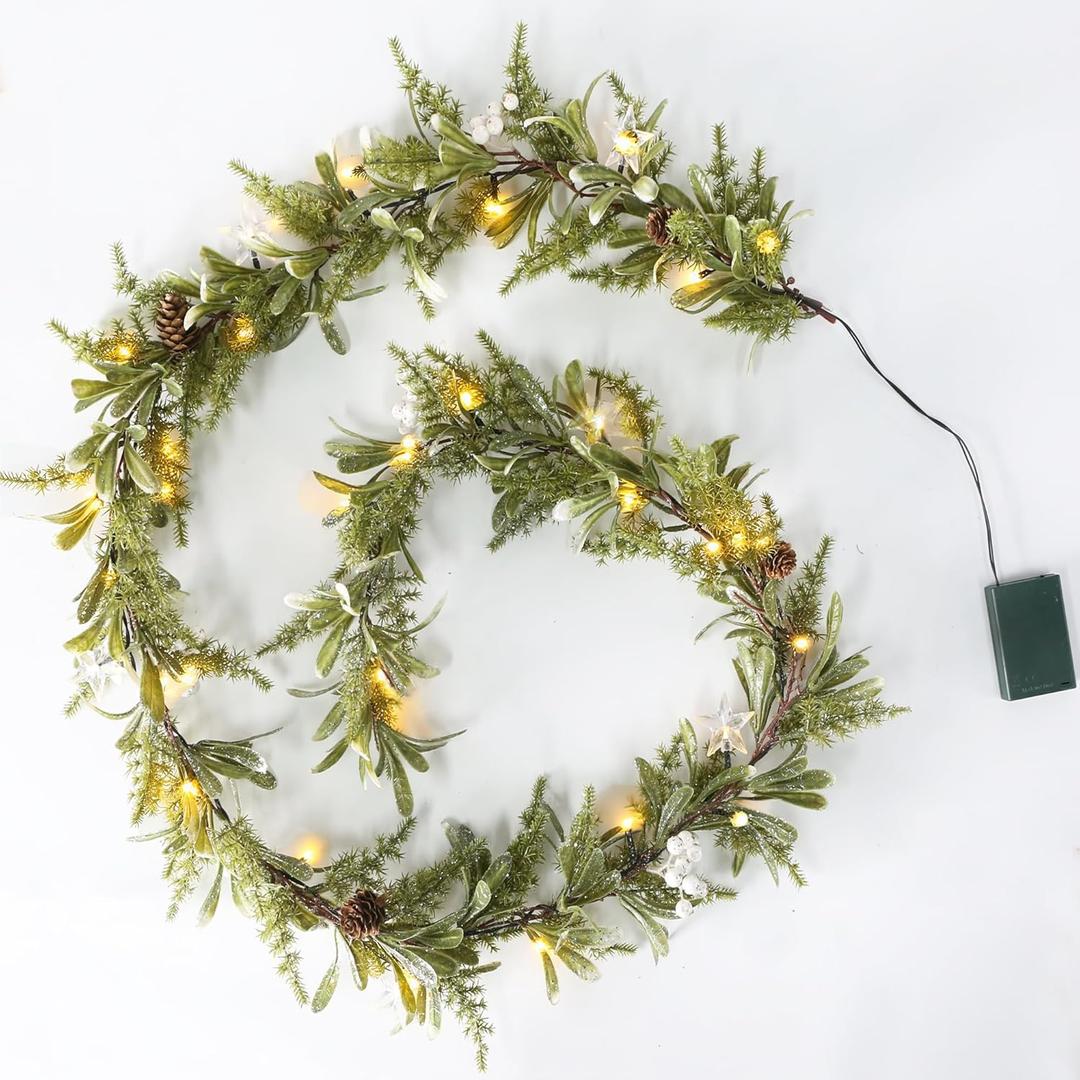 6FT Pre-lit Two-tone Olive Christmas Garland Battery Operated Artificial Greenery Winter Mistletoe Garland with Timer for Mantle, Stairs Railing, Patio, Table, Window, Front Door Holiday Decor