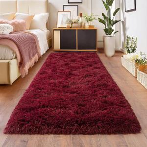 Burgundy Runner Rug for Hallway, Bedroom Bedside Plush Rugs, Non Slip Fluffy Shaggy Carpet for Kids Home Decor, Dorm Nursery 2x6 Ft