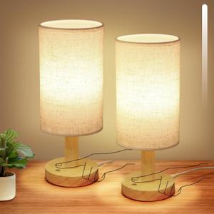 Small Cordless Touch Table Lamps Set of 2 with Stepless Dimming, Natural Wood Base & Linen Fabric Shade,Wireless Battery-Powered Ambient Night Lights for Bedroom, Bedside, Nightstand,Room, Nursery