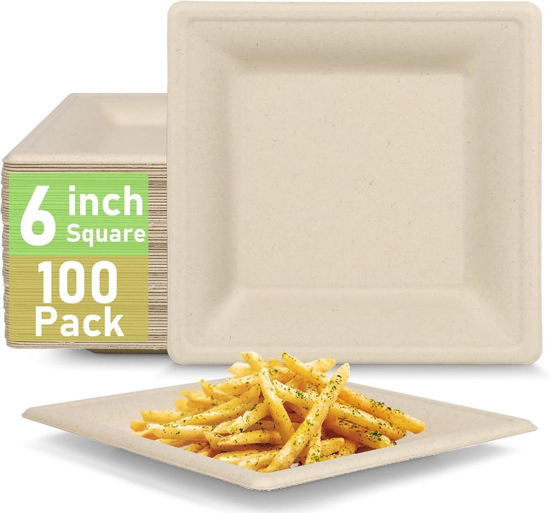 Small Paper Plates 6 inch, 100 Pack Disposable Paper Plates Square, Eco friendly Biodegradable Compostable Plates, Small Cake Dessert Plates, Natural Brown