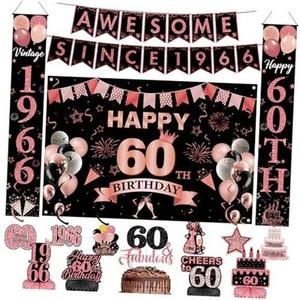 60th Birthday Party Decorations Women - 16 Pcs Black Rose Gold Banner Backdrop Porch Door Sign Hanging Swirls Fabulous Cake Topper Table Centerpieces For Vintage 60 Year Old Party Decor