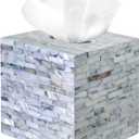 PEMAR Handcrafted Wooden Tissue Box Cover for Small Cube Tissue Boxes Only (Max Inner Size 4.7)  Mother of Pearl Inlay Decorative Tissue Holder for Bathroom, Living Room & Office (Blue)