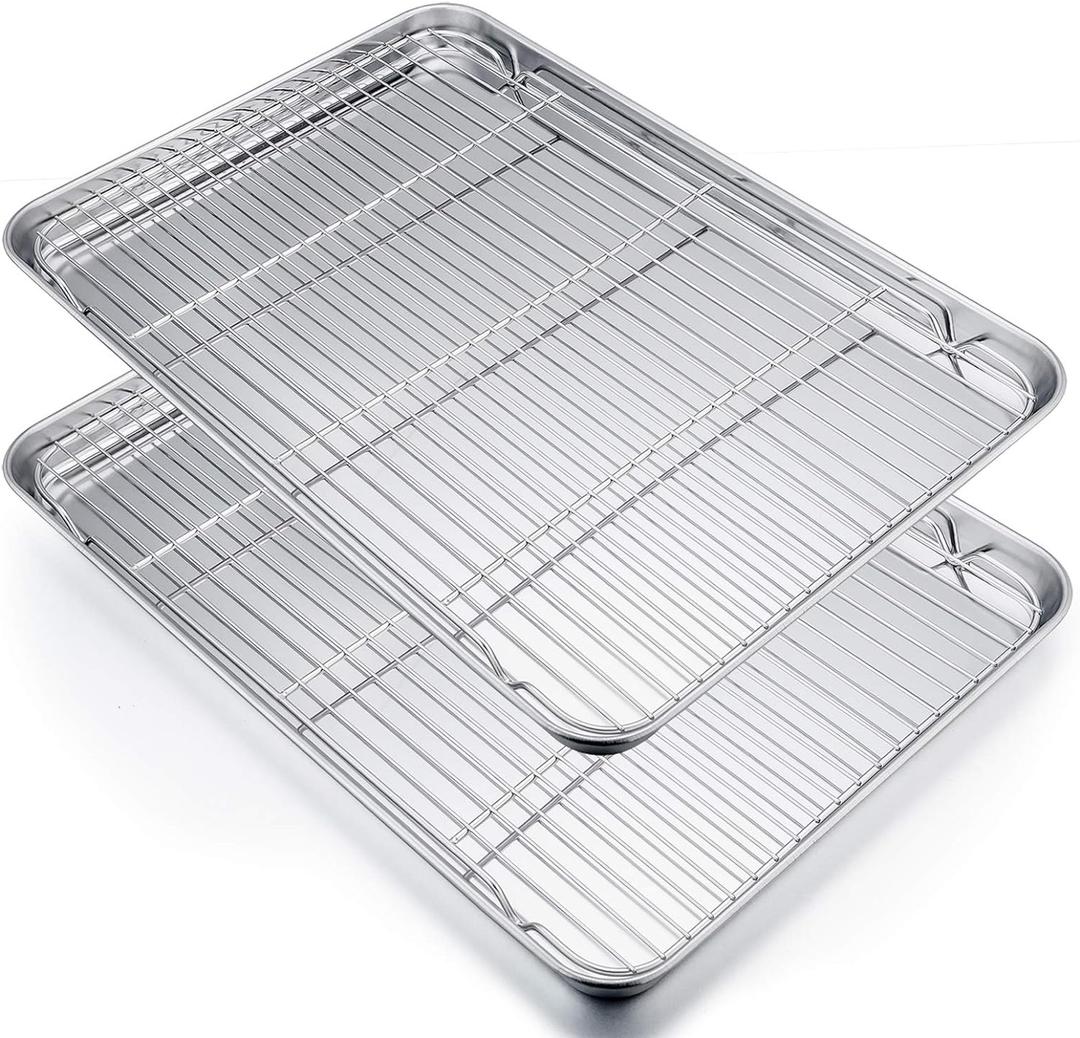 P&P CHEF 19.6 Inch Stainless Steel Baking Sheet with Rack Set (2 Pans+ 2 Racks), Cookie Sheets Pans Baking Trays and Cooling Wire Racks, Oven & Dishwasher Safe, Pans with Flat Racks