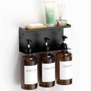 Shampoo and Conditioner Dispenser, Soap Dispenser Wall Mounted, 25.36 fl oz Set of 3 Amber Plastic Bottles Black Pump, Shower Soap Bottles Refillable with Labels for Bathroom (8.66"L x 2.75"W x 4.45"H)