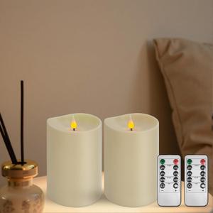 Set of 2 Flameless LED Candles with 2 Remotes, 4x6 Inch Battery Powered Plastic Pillar Candles, Flickering Flame with Timer & Dimming, Ivory – Elegant, Safe Lighting for Home, Wedding, Holiday