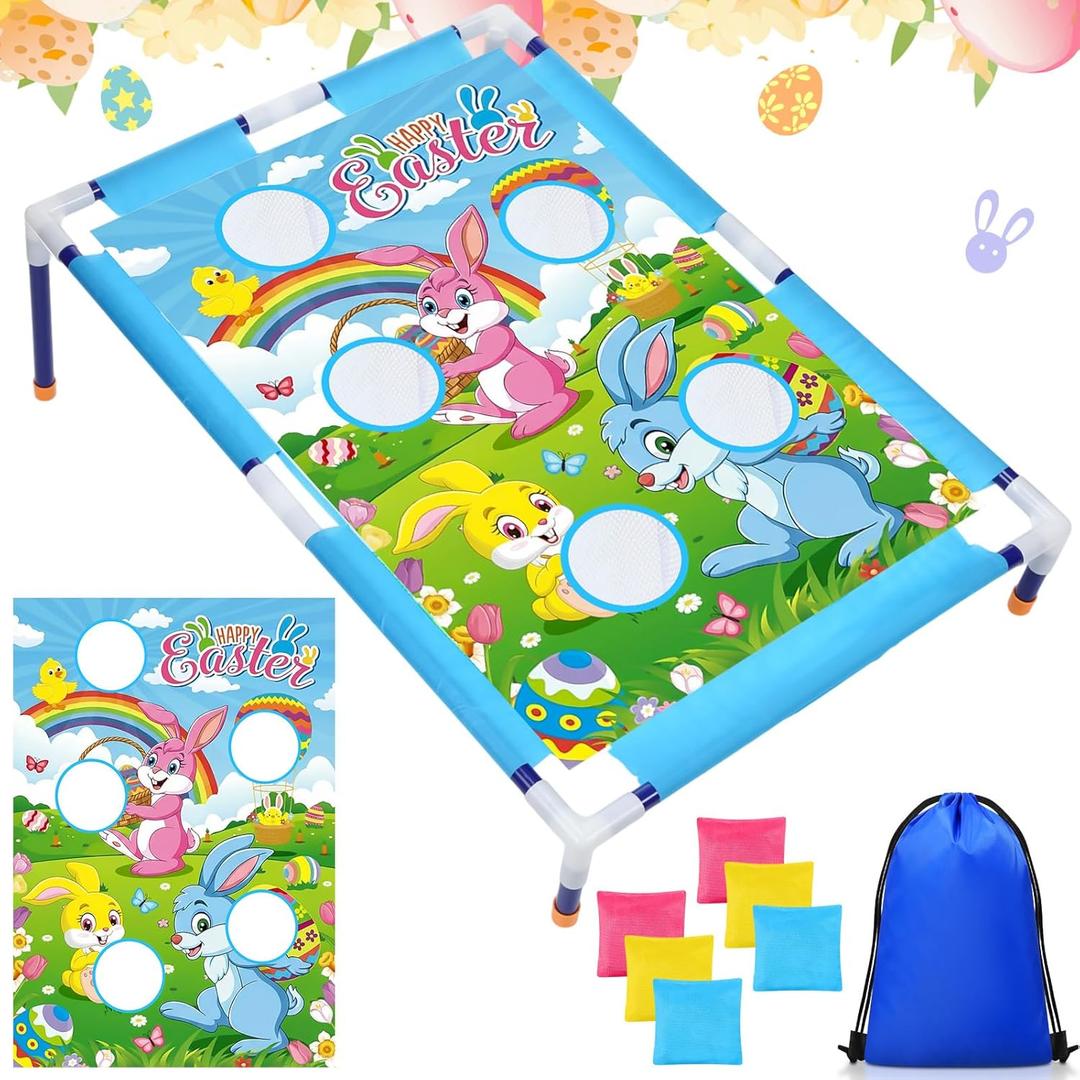 Gemscream Easter Bean Bag Toss Games with 6 Bean Bags Bunny Portable PVC Framed Cornhole Game Set for Easter Family Holiday Birthday Outdoor Game Party (Pink Yellow Blue)