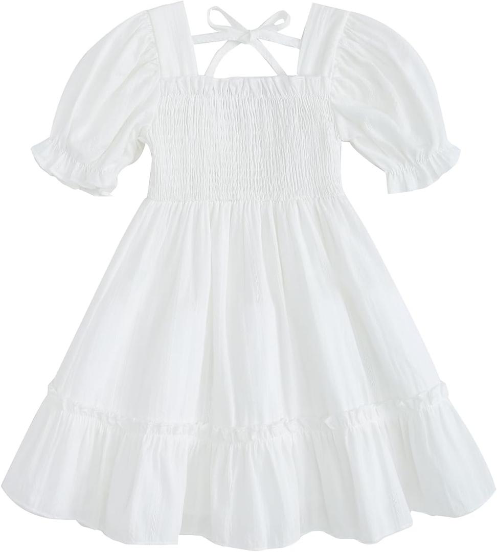 Toddler Girl Summer Dress Kids Short Sleeve Smocked Boho Princess Dresses Casual Beach Sundress (White),5-6Y