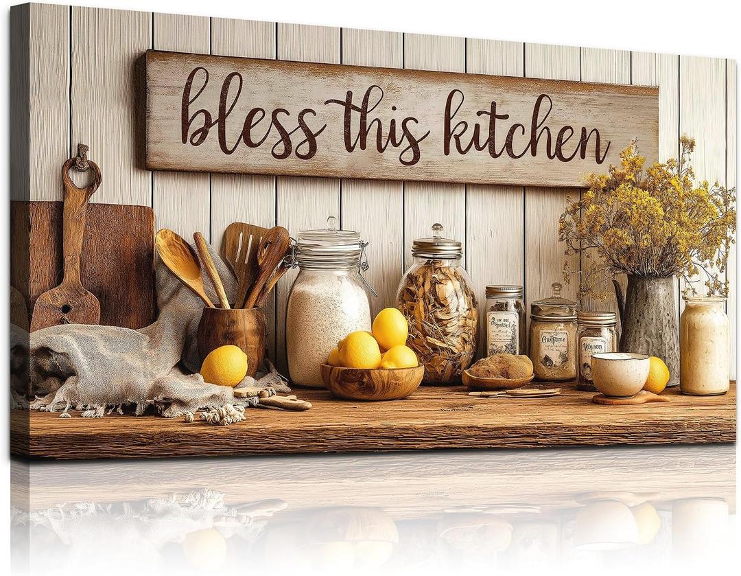 WLWBINTING Vintage Kitchen Wall Art, Rustic Still Life Canvas Print, Bless Kitchen Wall Decor Painting,Country Kitchen Decor Poster Picture,Wall Pictures For Dining Room, Farmhouse Home Decor, 40"L x 20"W