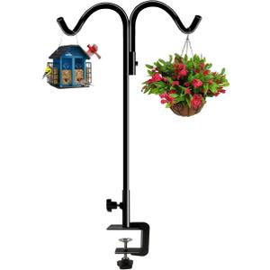 Koutemie 40 Inch Tall Double Deck Hook for Railing, Adjustable Outdoor Shepherds Hook with 2-Inch Strengthened Clamp for Hanging Plant Bird Feeder, 1 Pack