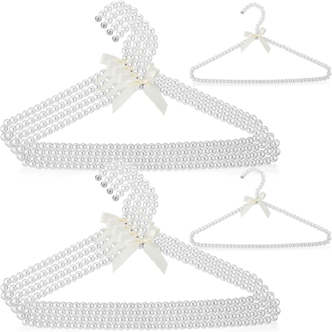 Threan 10 Pcs 16 Inch Pearl Clothes Beaded Clothing Hanger with Ribbon Bowknot Metal Elegant Clothes Standard Hanger for Women Bride Wedding Dress Coat Shirt