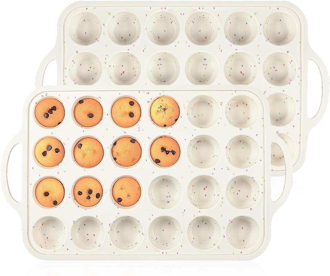 CAKETIME Mini Muffin Pan, Metal Reinforced Frame Mini Cupcake Pans 24 Cups Nonstick Mini Muffin Silicone Molds with Handle for Baking Muffins, Cupcakes, Egg Bites 2 Pack (Creamy Confetti)