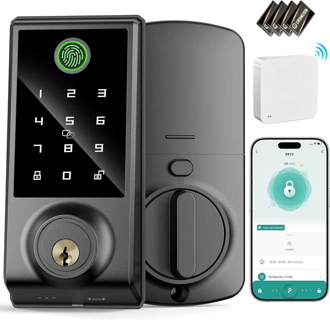 IRONZON Smart Door Lock, APP Control Deadbolt Lock with Gateway, Fingerprint Door Lock for Front Door, 5-in-1 Keyless Entry Door Lock, Touchscreen Keypad, 4 IC Cards, Auto Lock, Easy DIY Installation