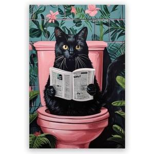 Pink Bathroom Wall Art Funny Black Cat Toilet Reading Newspaper Poster Cute Humorous Animal Pictures Canvas Printing Bathroom Decoration 8x12inch Unframed,2pcs