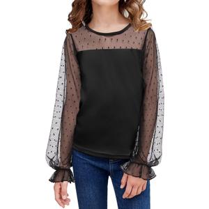Arshiner Girls Long Sleeve Shirts with Sheer Puff Cute Lantern Sleeve Design Lady Style Swiss Dots Tops for Girls Blouse Tee (Black)
