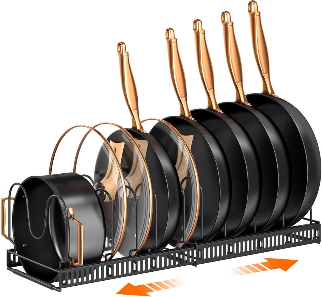 MUDEELA Pots and Pans Organizer Rack for under Cabinet, Expandable 11.81''-22.85'' Pot Lid Kitchen Cabinet Organizer Holder with 10 Adjustable Compartment Cutting Board Organizer for Pan Lid, Bakeware