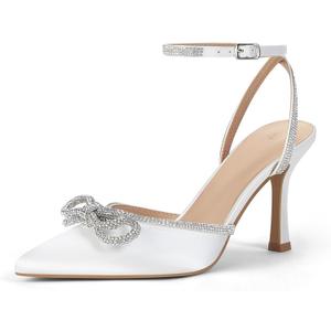 VETASTE Women's Double Bow Pointed Toe Ankle Strap Crystal Pumps Wedding Bridal Party Stilettos Backless Satin Heeled Sandals (6, 01-white)
