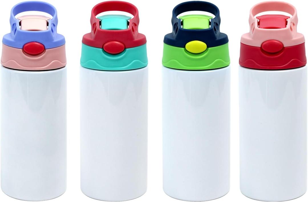 4 Pcs Sublimation Blank Stainless Steel water bottle 12 OZ Straight Stainless Steel Insulated Tumblers Different Color Splash-Proof Lid Shatterproof Water Cup,  4 color mix and match