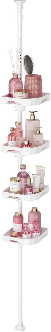 akinbas Tension Pole Shower Caddy Organizer with 4 Tier L-Shaped Rust Resistant Bathroom Corner Shelves with 34-124 Inch Adjustable No Drilling Quick Install Shower Rack for Bath Essentials (White)