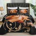 Xruibed Floral Quilt Set Queen Size, 3 Pieces Orange Rose Quilt Set Botanical Bedspread with 2 Pillow Shams Bedding Set, Soft Micorfiber Lightweight Coverlet for All Season (90"x96")