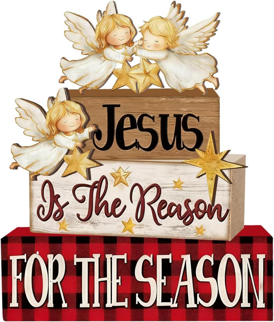 4 Pcs Christmas Decorations Indoor - Wooden Angel Table Decoration for Home - Christmas Centerpiece For Table - Winter Tiered Tray Decor Rustic Farmhouse Xmas Gift for Home Kitchen Mantel