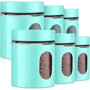 6 Pack Kitchen Canisters Set 20 oz Airtight Stainless Steel Canister Food Storage Container with Window Glass, Coffee Sugar Candy Jars Tea Organizer for Flour Cookies Spices Grains Kitchen(Turquoise)