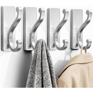 4 Pack Coat Hooks for Hanging - Silver Self Adhesive Hooks Wall Mount for Clothes, Towel and Robe, Sticky Hooks for Door, Kitchen, Bathroom, Shower, Rental Houses, Hold 13lbs.