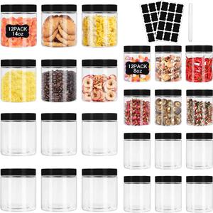 Plastic Jars with Lids 8 oz & 14 oz 24Pcs Clear Plastic Slime Storage Jars Containers with Airtight Leak Proof Black Screw On Lids Cylinder Clear Round Jar Food Grade Durable Jar