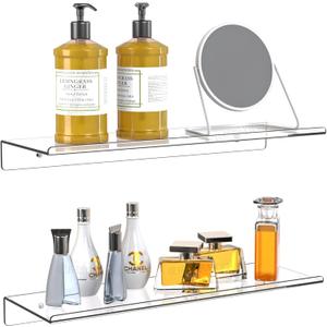 Clear Acrylic Floating Shelves Set of 2 for Lego Sets Funko Pop Collectibles Kids Bookshelf Figures Plant Picture Photo Modern Wall Ledge Floating Shelf for Bedroom Decor Living Room Wall Shelf