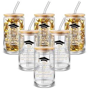 FoldTier 6 Pcs Graduation Gifts Glass Cup Class of 2026 Bulk 16 oz Drinking Cup with Lid and Straw College Her Him Graduate Gift Coffee Cup for Teen High School Grad Party Favor (Gold)