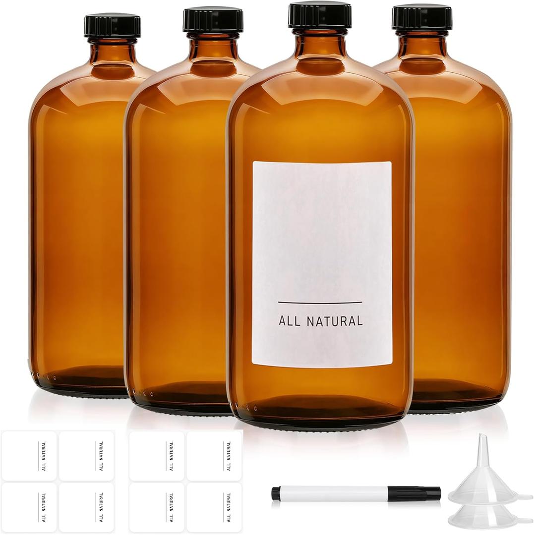 Maredash 32 oz Amber Glass Bottles – 4-Pack,Brown Glass Bottles, 2 Funnels, 8 Labels & Pen – Reusable Containers for Essential Oils, DIY Cleaning, Beer, Kombucha Storage