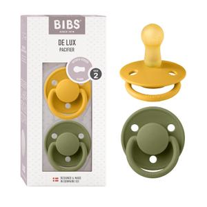 BIBS De Lux Baby Pacifier 2-Pack | Made in Denmark | BPA Free Dummy Soother, Round Nipple. Natural Rubber Latex, Size 2 (6-18 Months), Honey Bee/Olive