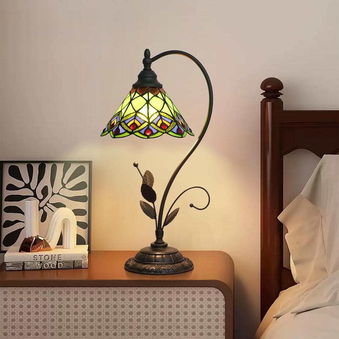 Tiffany Table Lamp Green Peacock Tail Stained Glass Lamp Tiffany Style S Leaves Vintage Desk Light for Bedside Living Room Office Dormitory Dining Room, 10"D x 10"W x 20"H