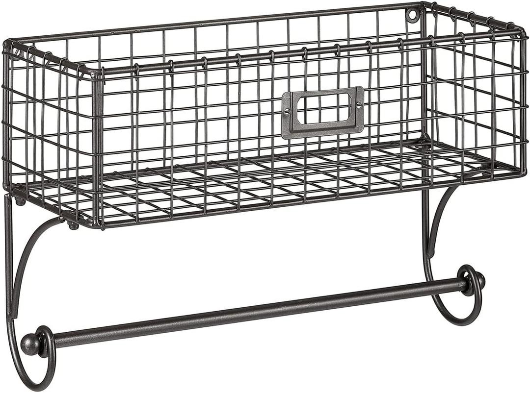 Metal Paper Towel Holder Wall Mount. Towel Bar with Basket Storage Organizer for Kitchen Bathroom, Gray, 14" W x 5.7" D